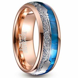 Tungsten Wedding Band. Rose Gold Ring Cupids Arrow Inspired Meteorite Blue Shell